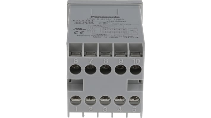 Relè timer multifunzione Panasonic LT4H24SJ, montaggio a pannello, tensione 12-24V DC, LCD retroilluminato, dimensioni 48x70x48 mm.