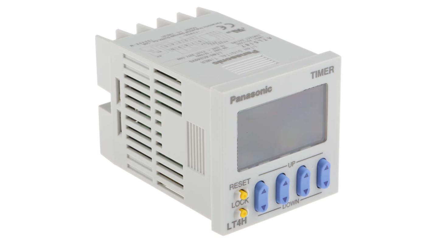 Relè timer multifunzione Panasonic LT4H-AC240VS, montaggio a pannello, tensione 100-240V AC, dimensioni 48x70x48 mm.