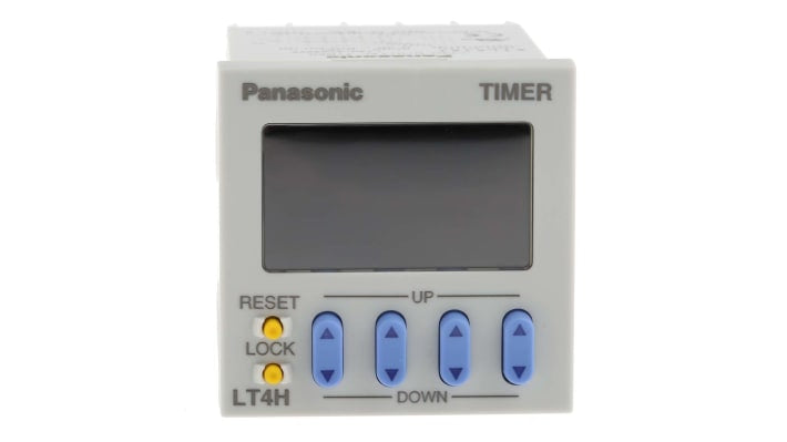 Relè timer multifunzione Panasonic LT4H-AC240VS, montaggio a pannello, tensione 100-240V AC, dimensioni 48x70x48 mm.