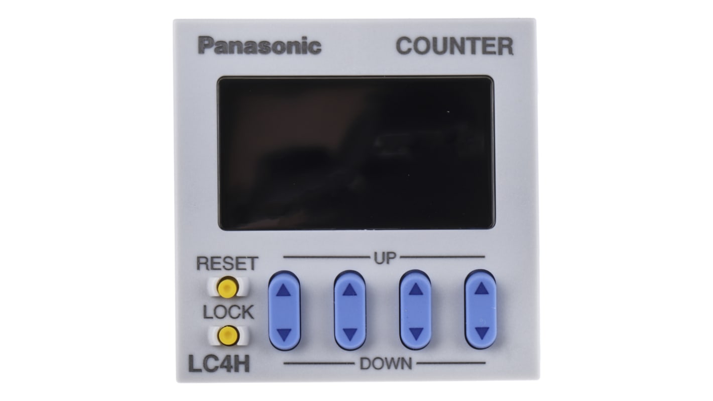 Contatore elettronico Panasonic LC4HR4240ACSJ, formato DIN 48x48, display LCD 4 cifre, IP66, programmazione tramite DIP switch.