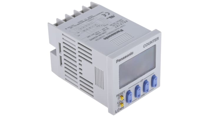 Contatore elettronico Panasonic LC4HR4240ACSJ, formato DIN 48x48, display LCD 4 cifre, IP66, programmazione tramite DIP switch.