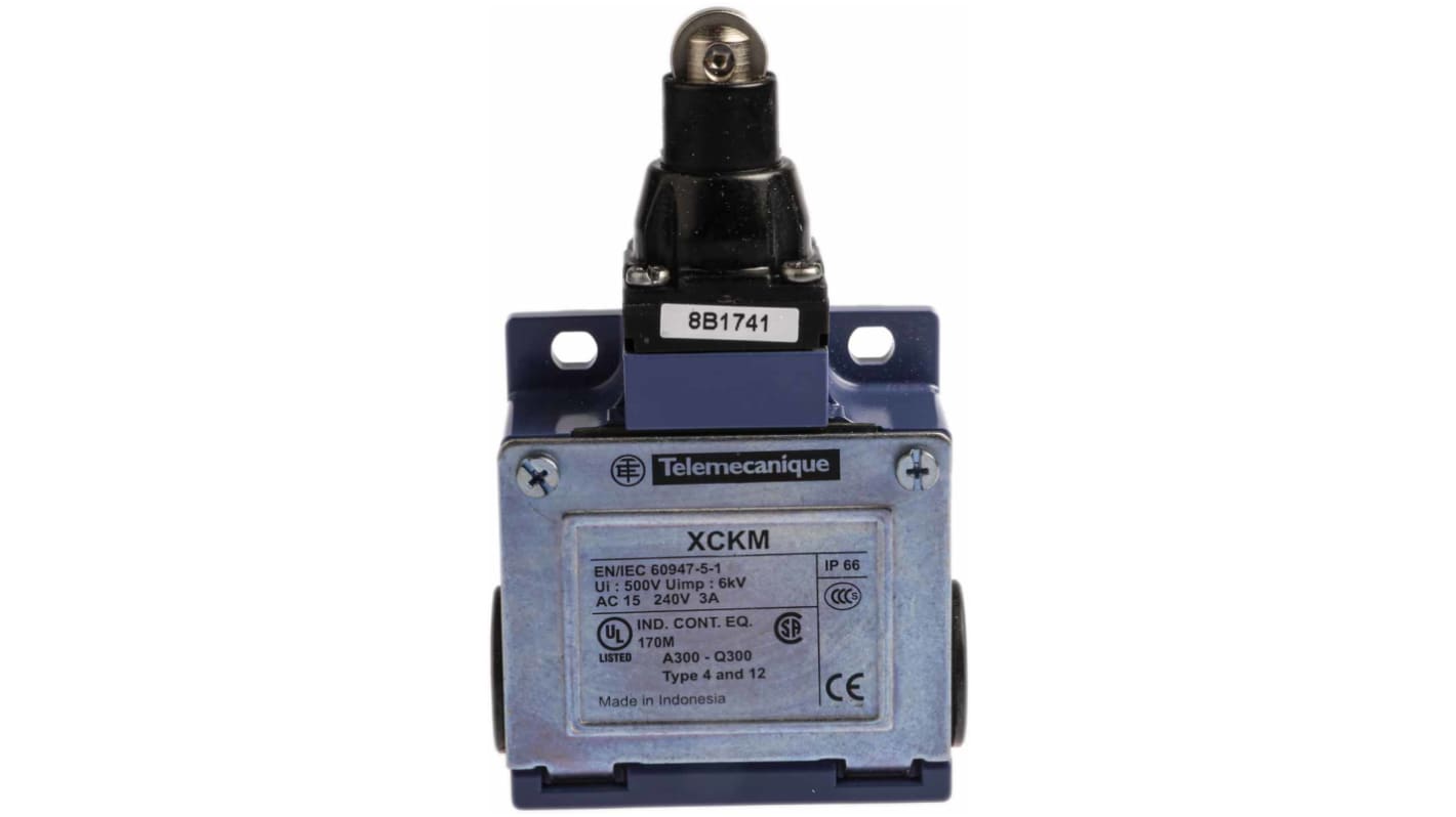 Interruttore di fine corsa a rotella Telemecanique Sensors XCKM102H29, configurazione NO/NC, grado di protezione IP66.