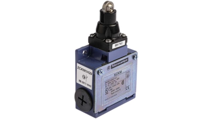 Interruttore di fine corsa a rotella Telemecanique Sensors XCKM102H29, configurazione NO/NC, grado di protezione IP66.