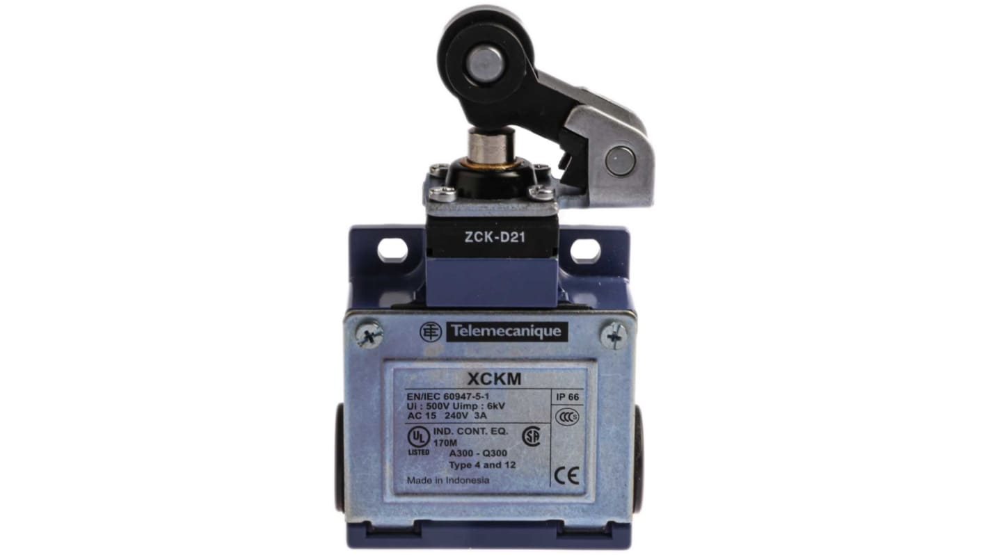 Interruttore di fine corsa Telemecanique Sensors XCKM121H29, stantuffo NO/NC, IP66, 240V, 10A, dimensioni 64x63x30mm.