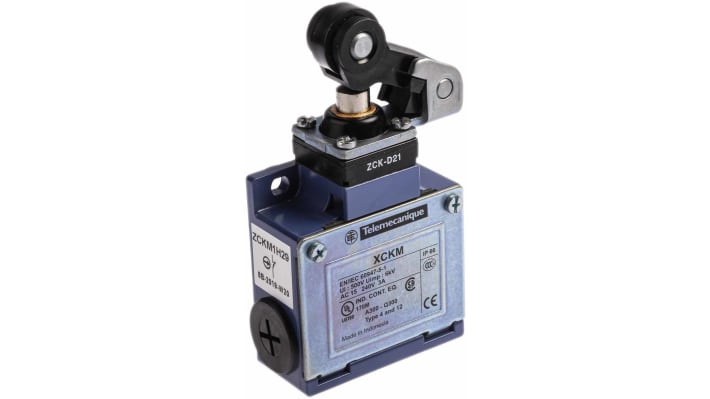 Interruttore di fine corsa Telemecanique Sensors XCKM121H29, stantuffo NO/NC, IP66, 240V, 10A, dimensioni 64x63x30mm.