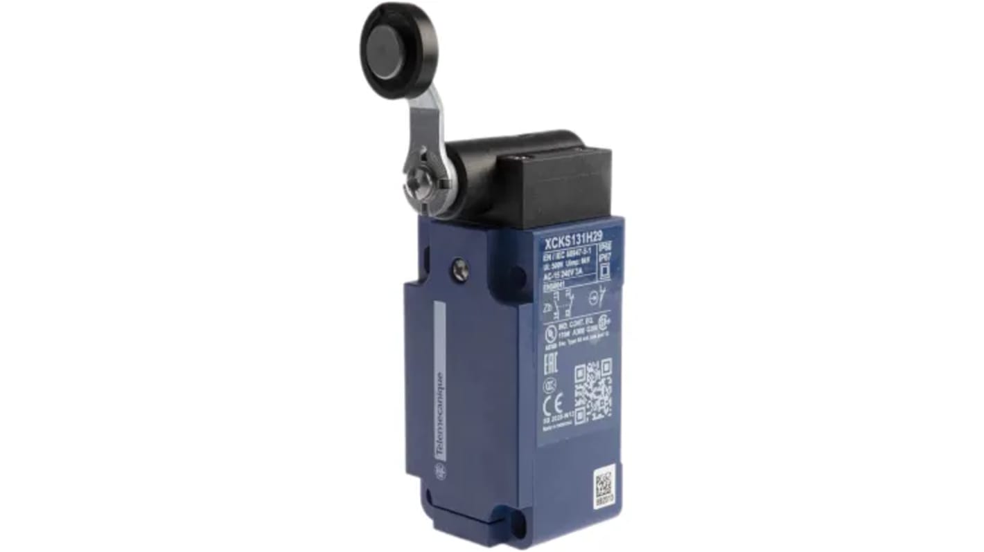 Interruttore di fine corsa Telemecanique Sensors XCKS131H29, leva NO/NC, IP65, 240V, 3A, dimensioni 33x18x60 mm.