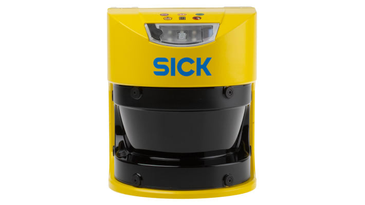 Scanner laser di sicurezza Sick S30A-4011CA, rilevamento fino a 49 m, IP 65, installazione verticale e orizzontale.