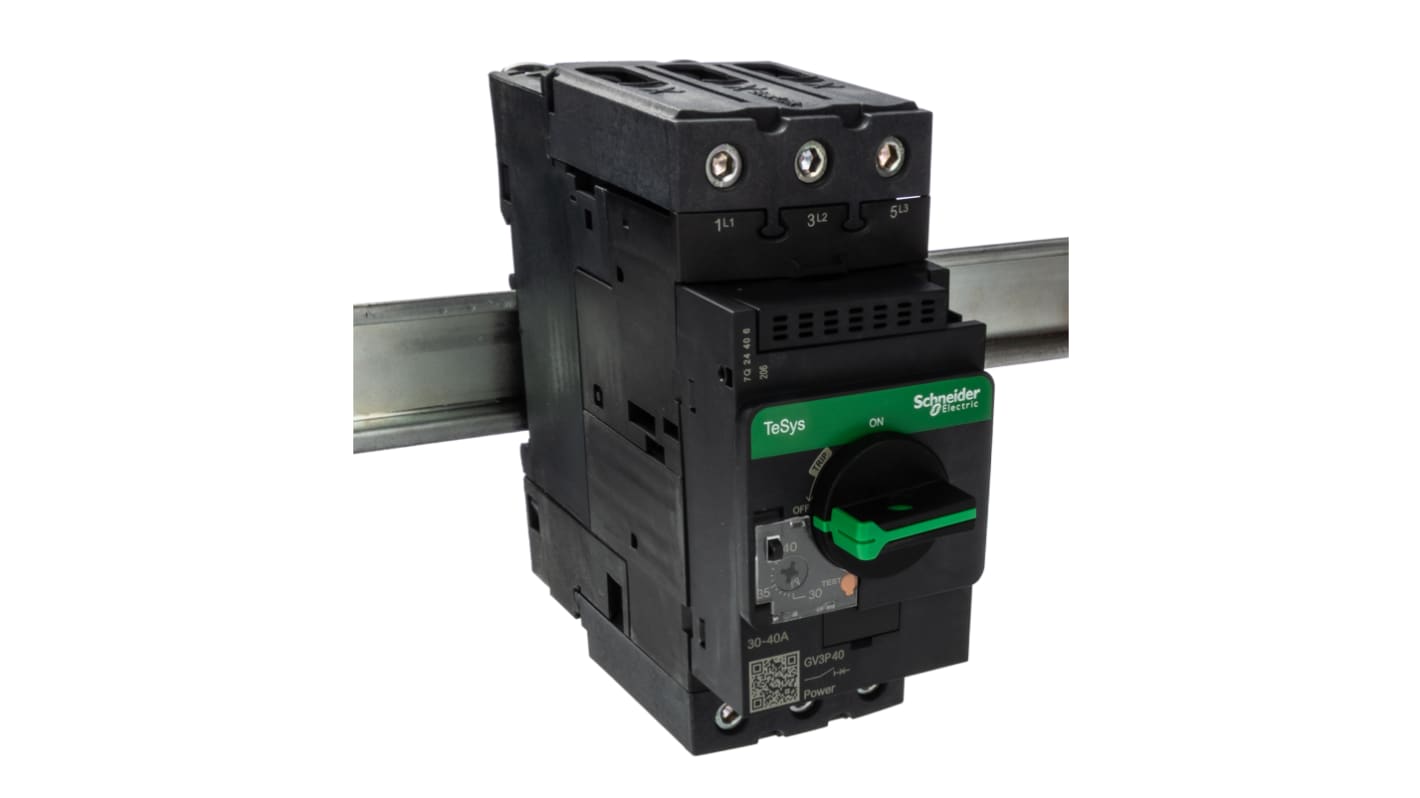 Interruttore Termico Schneider Electric GV3P40, 3 Poli 40A 690V - Protezione affidabile per motori industriali da sovraccarichi e cortocircuiti. Montaggio su guida DIN, terminali EverLink, certificato IEC 947 e UL 508.