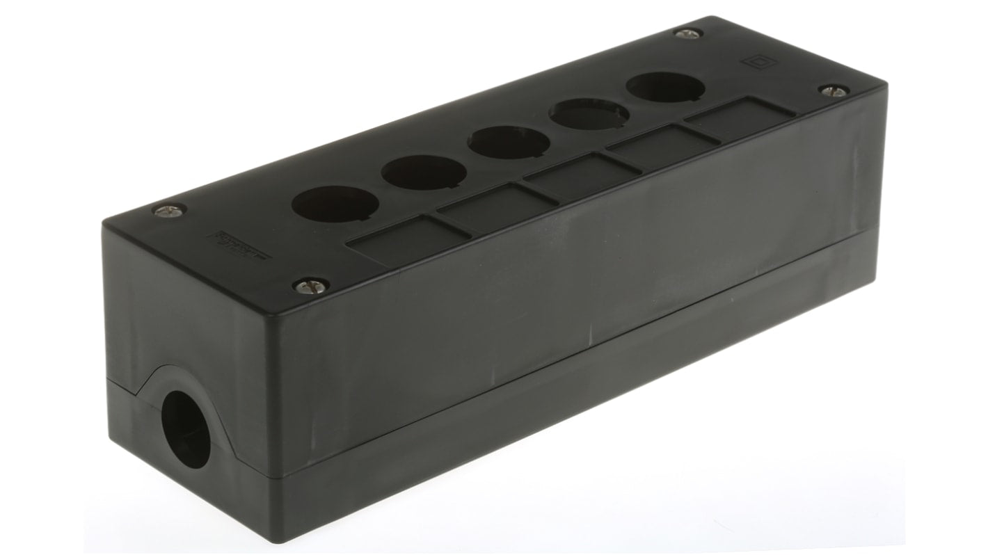 Scatola per pulsante Schneider Electric XALG05, 5 fori da 22 mm, grado di protezione IP 66/IP 69K, colore nero, resistente a calore e sostanze chimiche.
