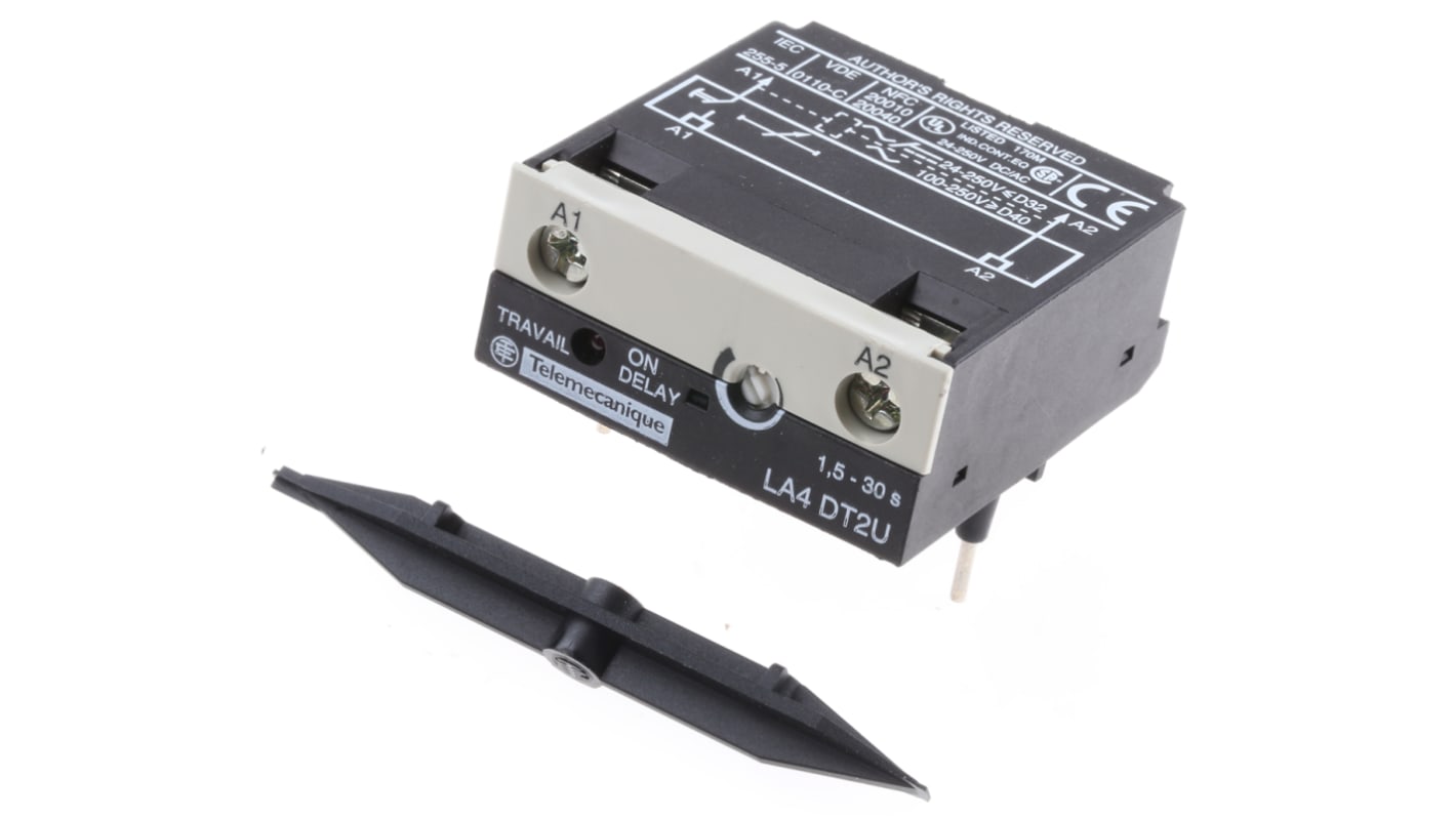Timer analogico Schneider Electric LA4DT2U per contattori, ritardo accensione 1.5-30 secondi, montaggio superiore, 250 V.