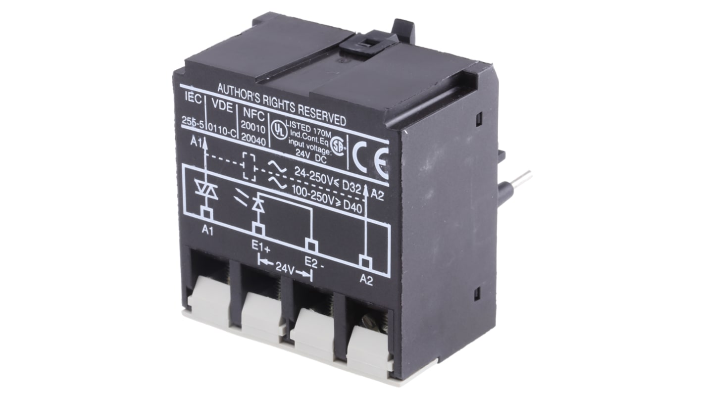 Modulo d'interfaccia contattore Schneider Electric LA4DWB per serie LC1, tensione 250V, montaggio diretto, tecnologia a stato solido.