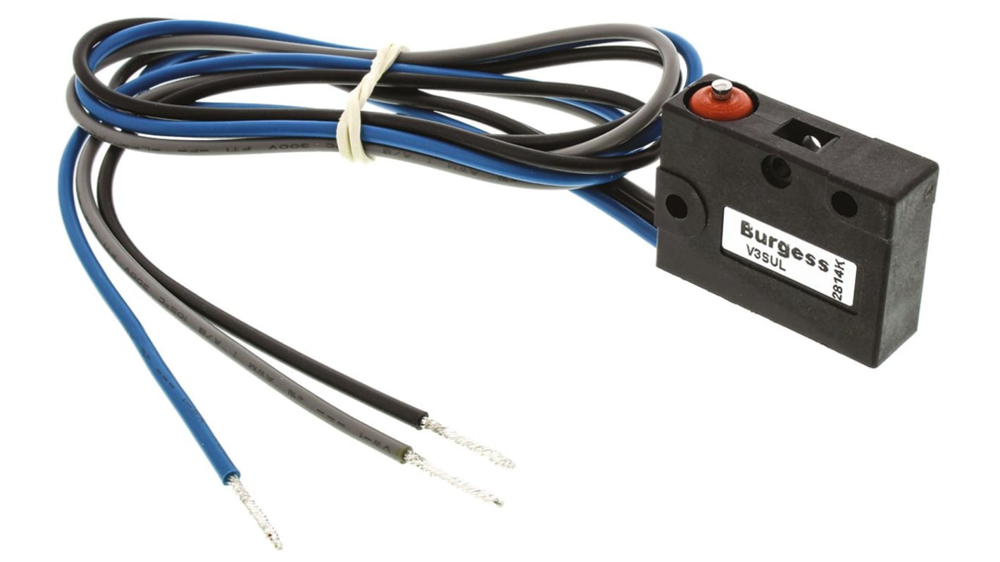 Microinterruttore Saia-Burgess V3S-UL SPDT, pre-cablato IP67, attuatore a stantuffo, corrente 5 A a 250 V, temperatura -40/+85 °C.