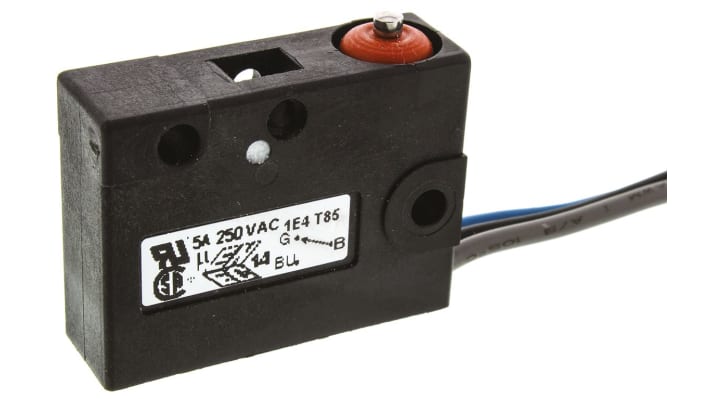 Microinterruttore Saia-Burgess V3S-UL SPDT, pre-cablato IP67, attuatore a stantuffo, corrente 5 A a 250 V, temperatura -40/+85 °C.