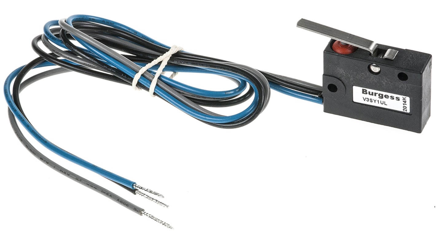 Microinterruttore Saia-Burgess V3SY1-UL SPDT, pre-cablato IP67, attuatore a leva, corrente 5 A, temperatura -40/+85 °C.