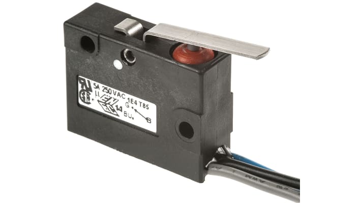 Microinterruttore Saia-Burgess V3SY1-UL SPDT, pre-cablato IP67, attuatore a leva, corrente 5 A, temperatura -40/+85 °C.