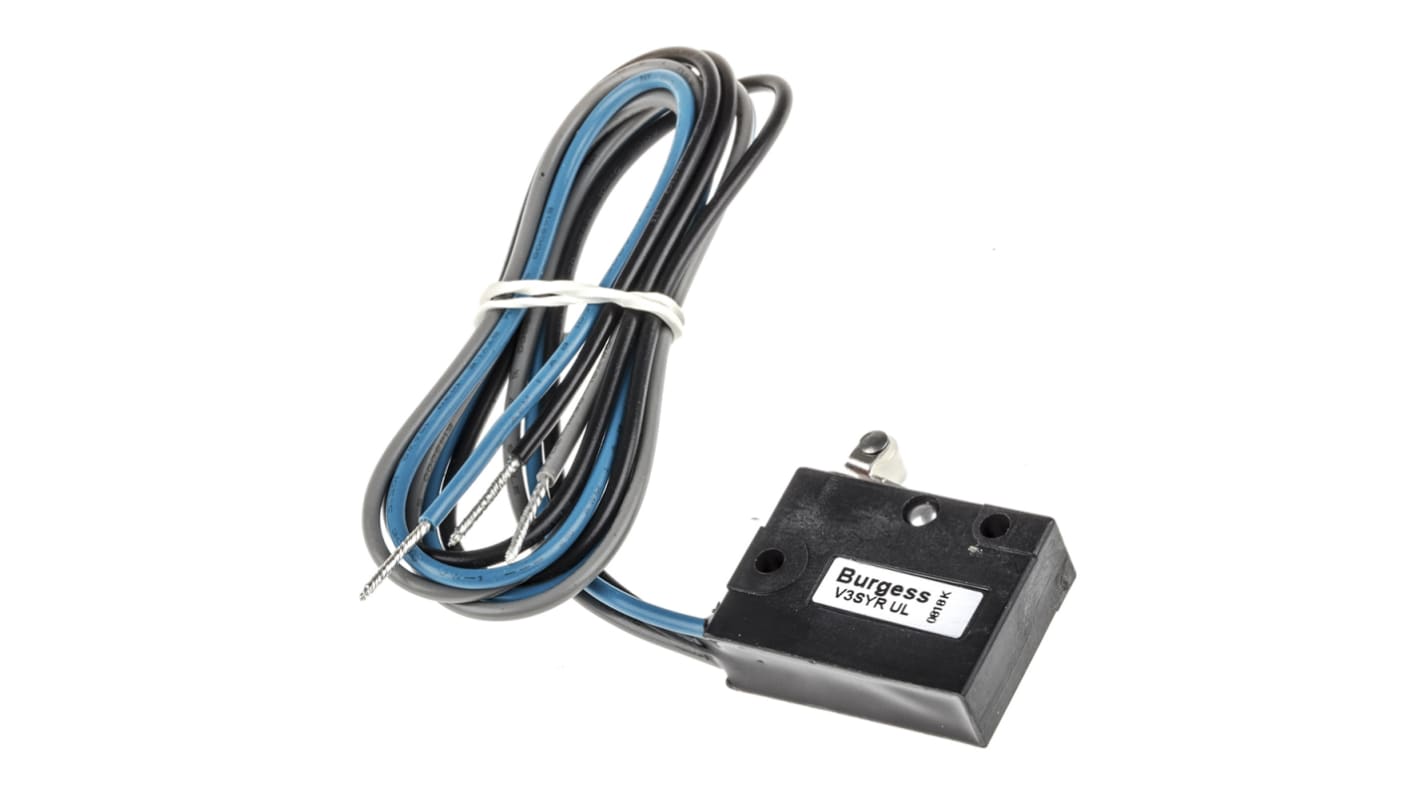Microinterruttore SPDT pre-cablato Saia-Burgess V3SYR-UL, grado di protezione IP67, attuatore a leva corta, cavi 500 mm.