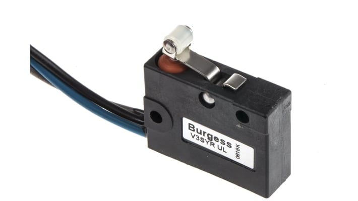 Microinterruttore SPDT pre-cablato Saia-Burgess V3SYR-UL, grado di protezione IP67, attuatore a leva corta, cavi 500 mm.