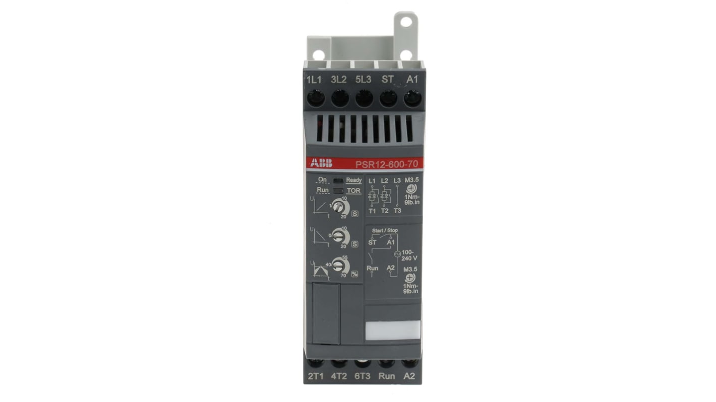 ABB 1SFA896106R7000, avviatore soft-start 3 fasi, potenza 5,5 kW, corrente 12 A, dimensioni 45x114x140 mm, grado di protezione IP20.