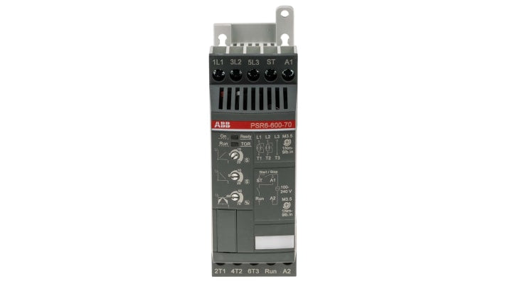Avviatore soft-start ABB 1SFA896104R7000, 3 fasi, 3 kW, 600 V, IP20, dimensioni 113,5 x 45 x 140 mm.