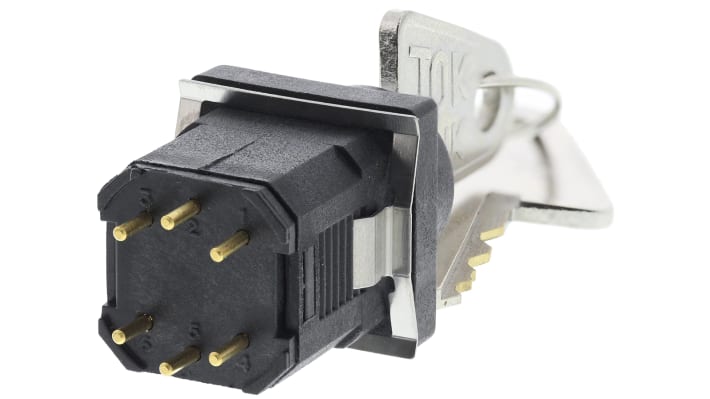 Interruttore a chiave a 3 posizioni Saia-Burgess 60538, corrente 100 mA, fissaggio a clip, profondità 19.8 mm, 2 chiavi incluse.