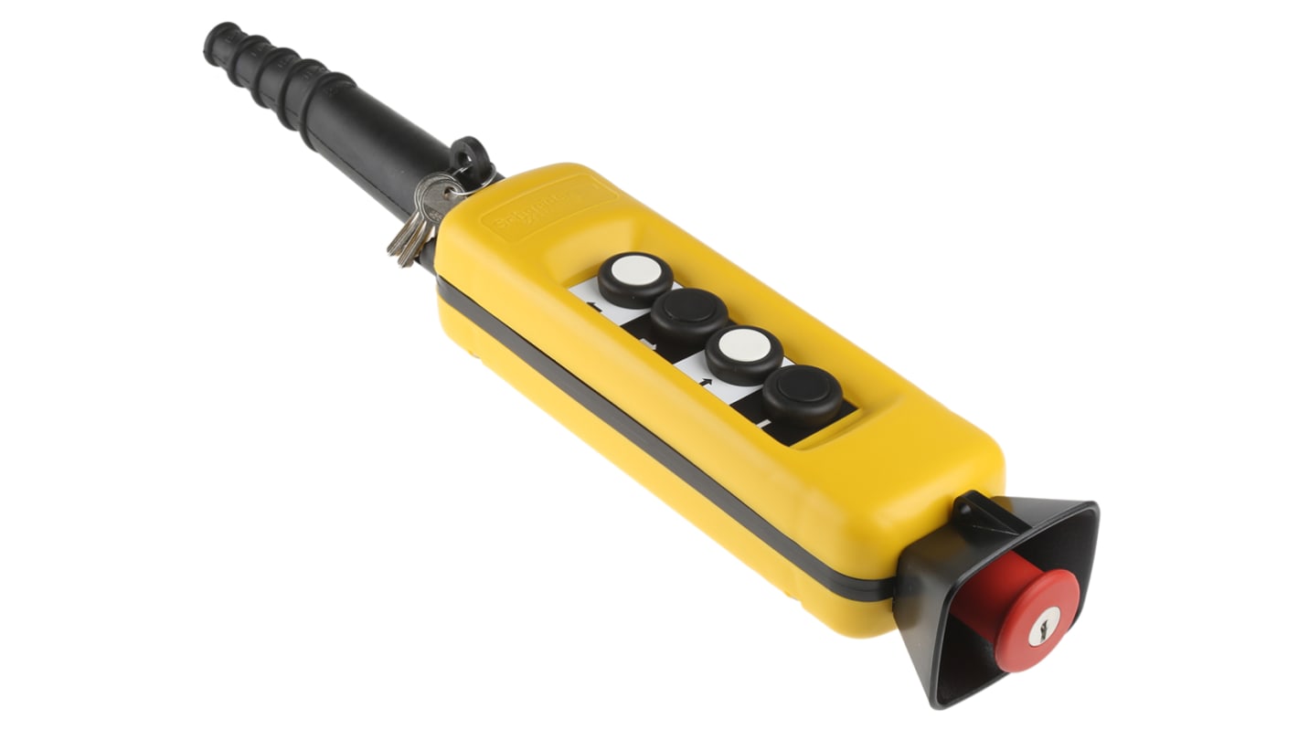 Stazione pensile a pulsante SPST Schneider Electric XACA04SPEC0279, quattro pulsanti, grado di protezione IP65, colore giallo.
