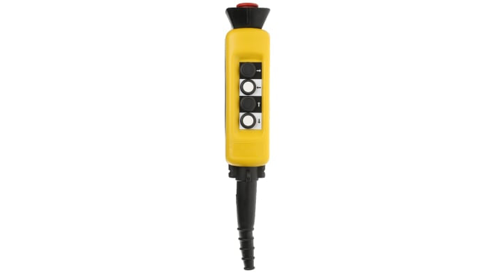 Stazione pensile a pulsante SPST Schneider Electric XACA04SPEC0279, quattro pulsanti, grado di protezione IP65, colore giallo.