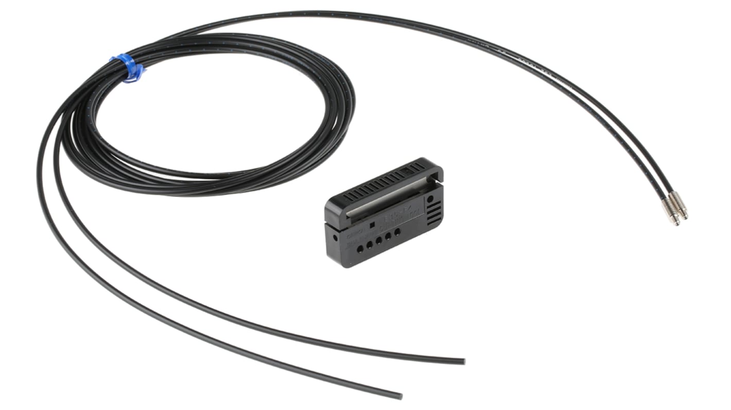 Sensore a fibra ottica Omron E32TC200, alimentazione 12-24 V c.c., grado di protezione IP67, rilevamento fino a 1000 mm.