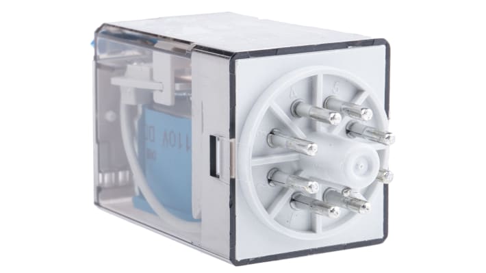 Finder 60.12.9.110.0040, relè DPDT 10 A, bobina 110V cc, dimensioni 32,5 x 54,2 x 36,4 mm, temperatura -40/+70°C.