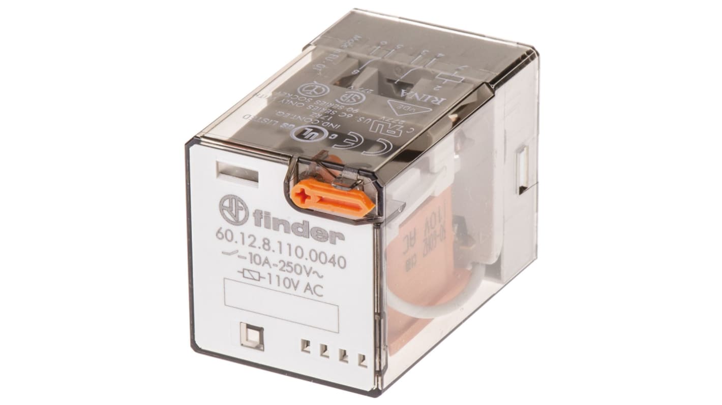 Finder Relè di potenza DPDT 60.12.8.110.0040, bobina 110V, contatti 10 A, dimensioni 32,5 x 54,2 x 36,4 mm.