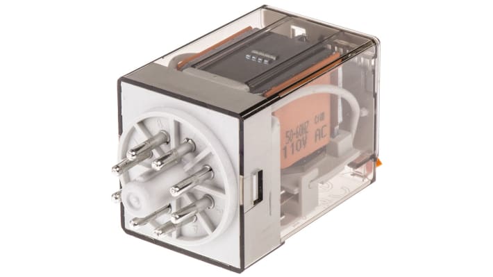 Finder Relè di potenza DPDT 60.12.8.110.0040, bobina 110V, contatti 10 A, dimensioni 32,5 x 54,2 x 36,4 mm.