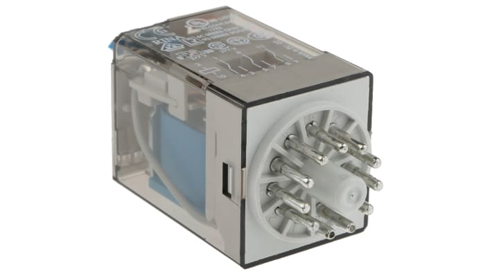 Finder 60.13.9.024.0040, relè di potenza 3PDT 24V cc, montaggio a innesto, dimensioni 32,5 x 36,4 x 54,2 mm.