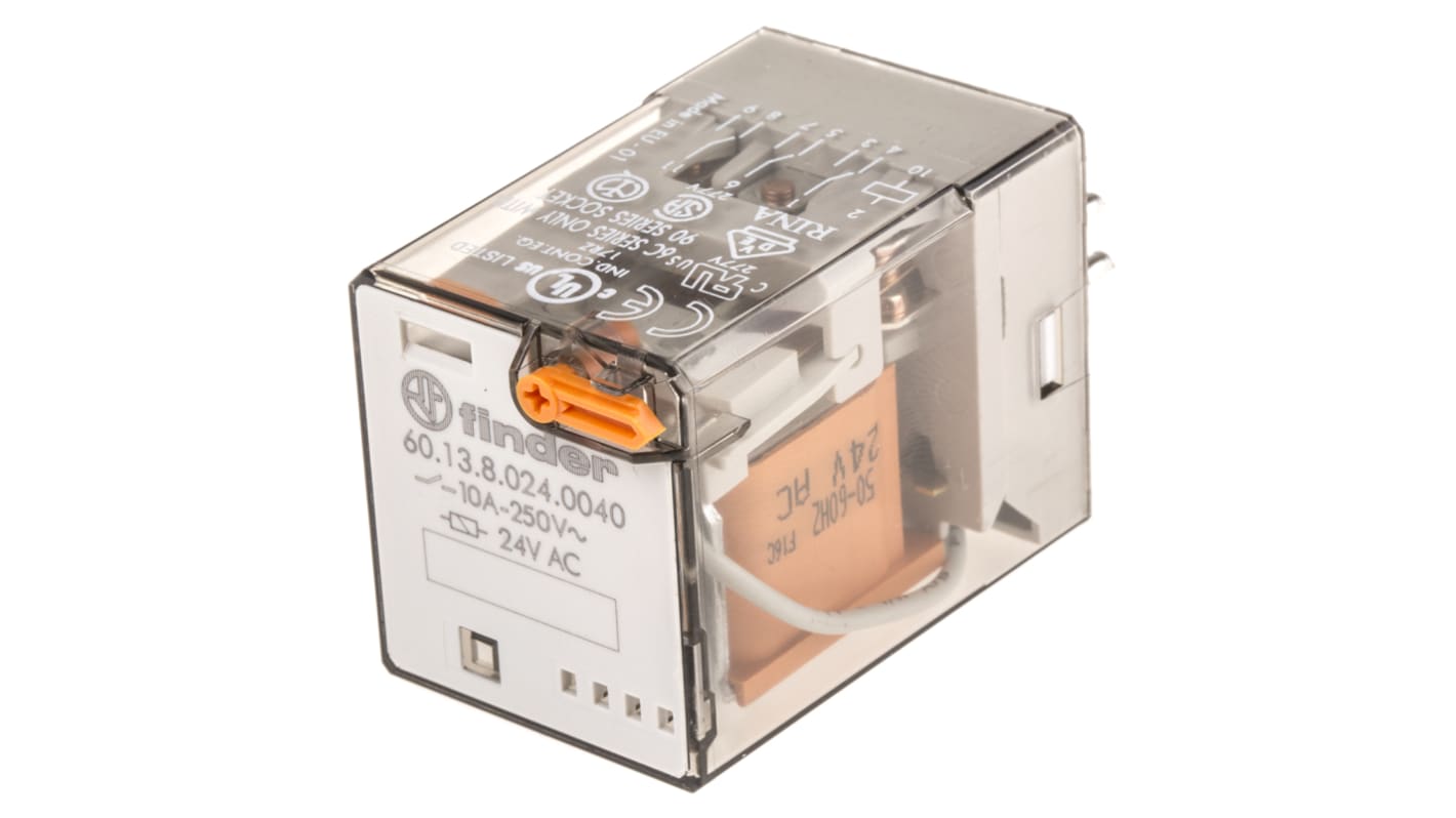 Relè di potenza Finder 60.13.8.024.0040, 3PDT, 24V, montaggio a innesto, 10A, dimensioni 32,5x54,2x36,4 mm.