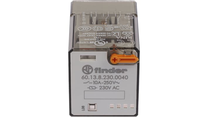 Finder 60.13.8.230.0040, relè di potenza 3PDT, bobina 230V, montaggio a innesto, dimensioni 32,5mm x 54,2mm x 36,4mm.