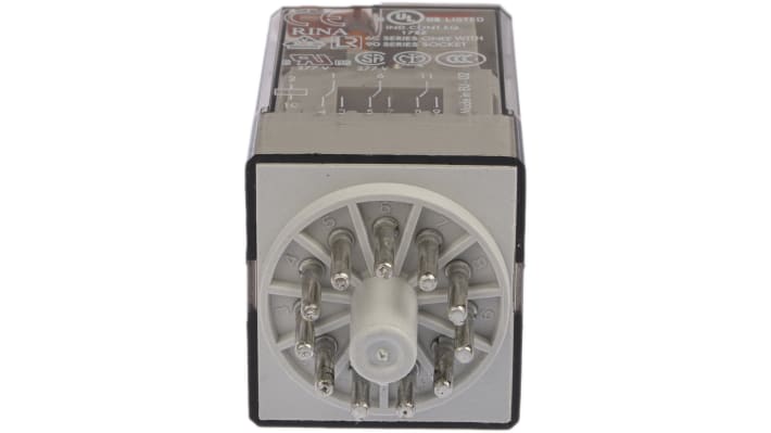 Finder 60.13.8.230.0040, relè di potenza 3PDT, bobina 230V, montaggio a innesto, dimensioni 32,5mm x 54,2mm x 36,4mm.