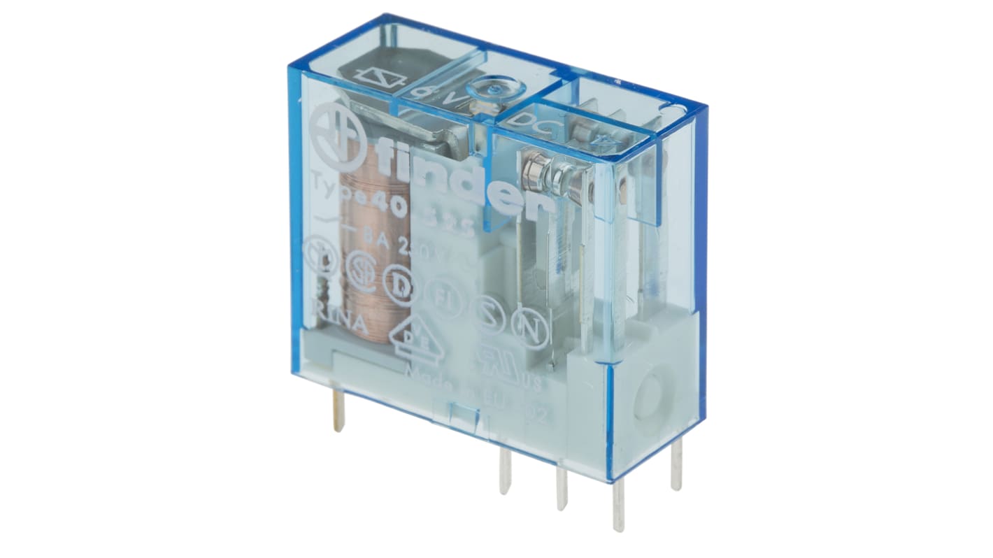 Finder 40.52.7.006.0000, relè DPDT 6V cc per montaggio su PCB, corrente 8A, dimensioni 25x29x12,4 mm.