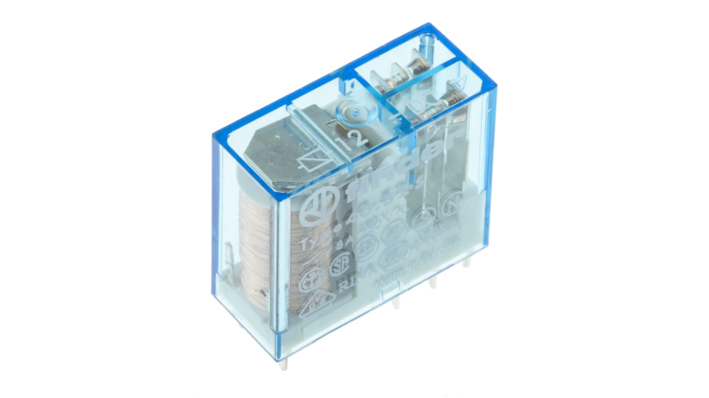 Finder 40.52.7.012.0000, relè DPDT per montaggio su PCB, tensione 12V, corrente 8A, dimensioni 29x25x12.4mm.