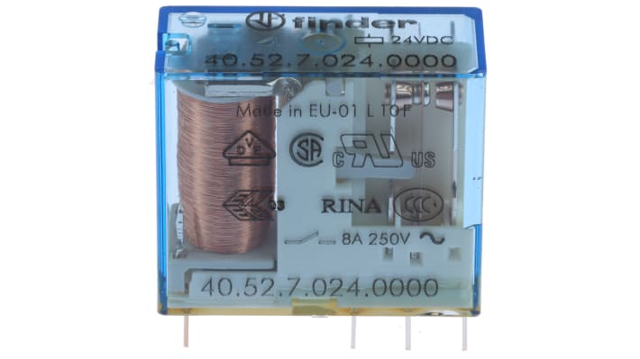 Finder 40.52.7.024.0000, relè DPDT per montaggio su PCB, 24V cc, 8A, dimensioni 29mm x 12.4mm x 25mm.