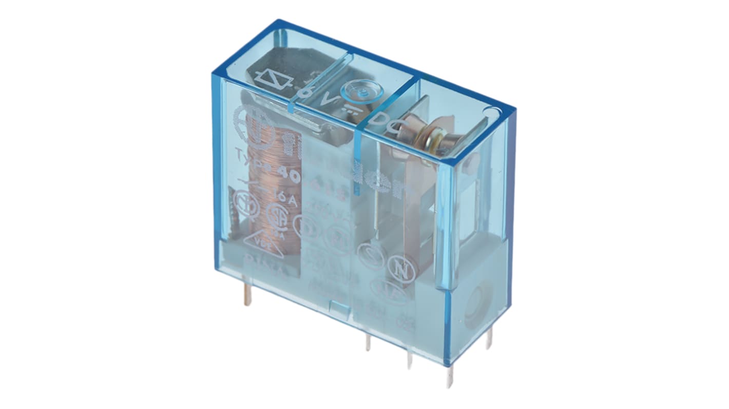 Finder 40.61.7.006.0000, relè di potenza SPDT, bobina 6V cc, montaggio su PCB, dimensioni 25x29x12,4 mm.