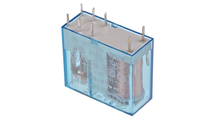 Finder 40.61.7.006.0000, relè di potenza SPDT, bobina 6V cc, montaggio su PCB, dimensioni 25x29x12,4 mm.