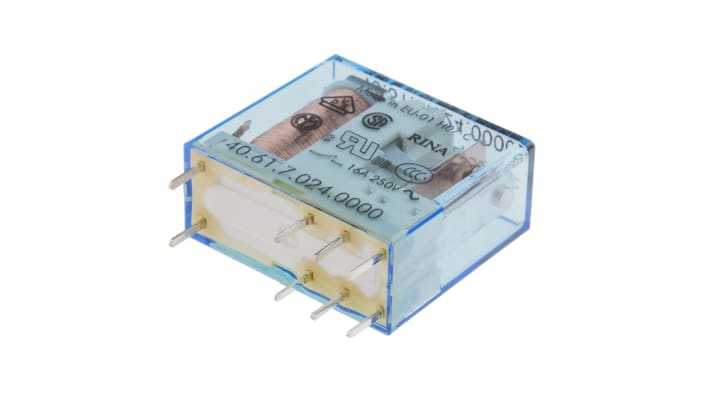 Relè di potenza Finder 40.61.7.024.0000, SPDT, montaggio su PCB, 24VDC, 16A, dimensioni 29mm x 12.4mm x 25mm.
