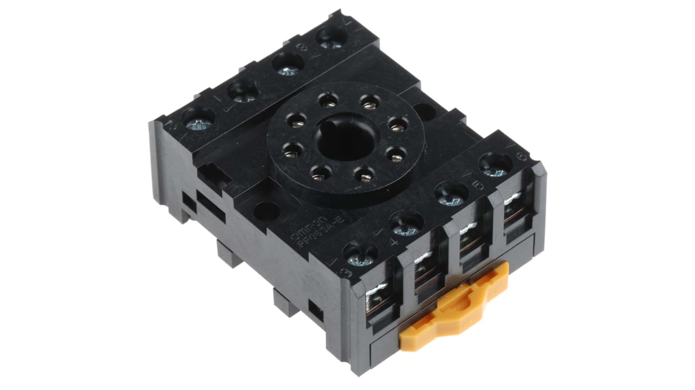 Zoccolo per relè Omron PF083A-E, 8 pin, montaggio su guida DIN, corrente 10 A, tensione 250 V, dimensioni 52 x 41 x 21 mm.