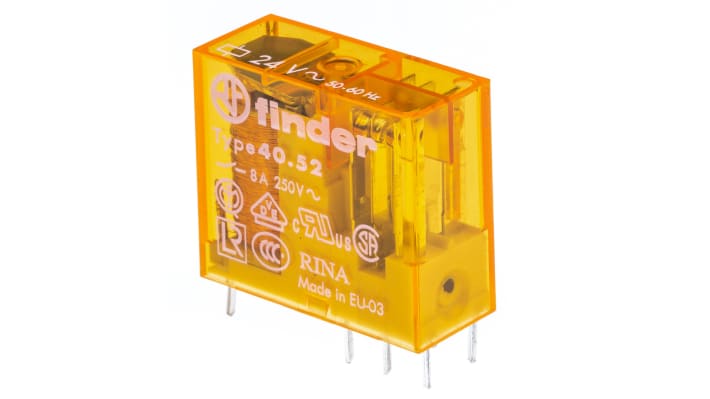 Finder 40.52.8.024.0000, relè DPDT per montaggio su PCB, tensione 24V, corrente 8A, dimensioni 29x25x12.4mm.