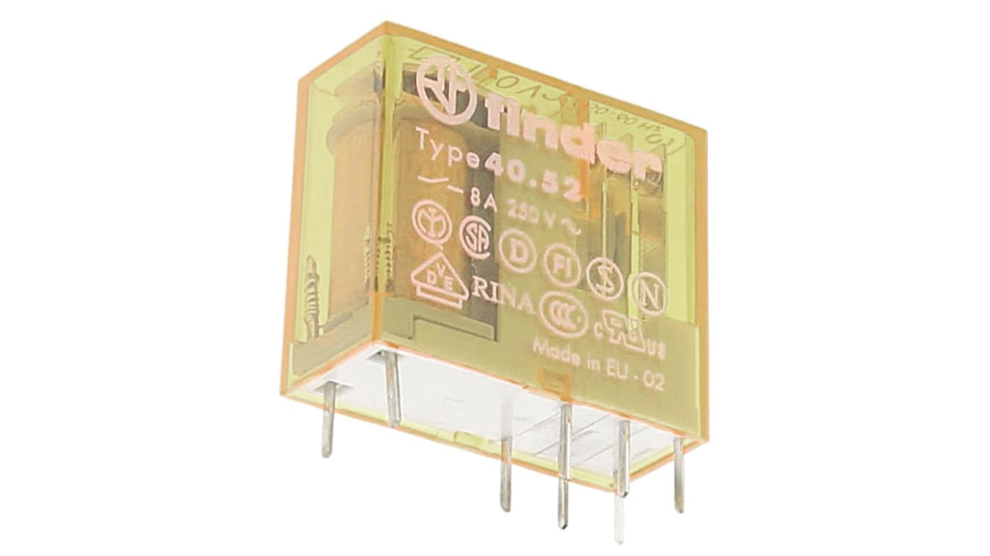 Relè di potenza Finder DPDT 40.52.8.110.0000, montaggio su PCB, tensione 110V, corrente 8A, isolamento 6kV.