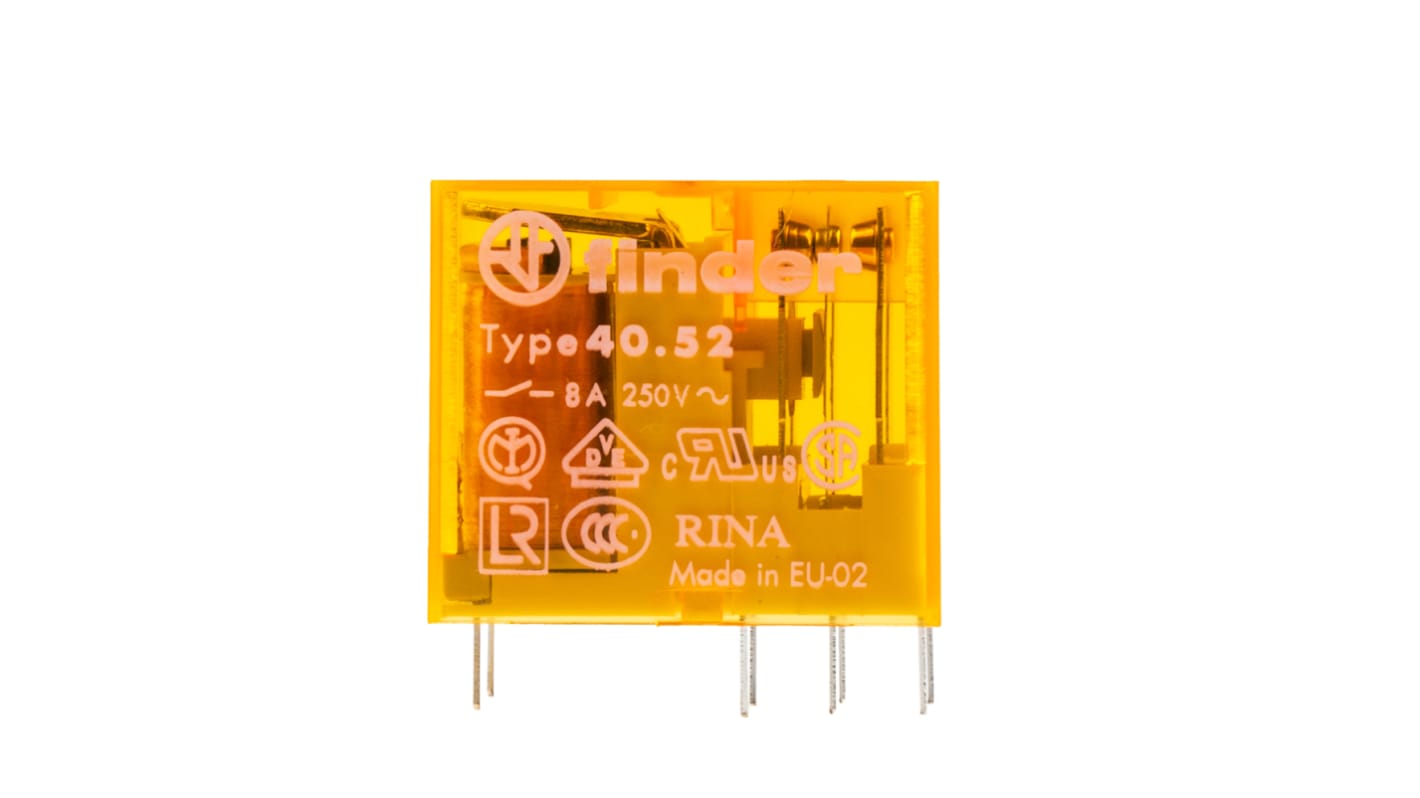 Finder 40.52.8.230.0000, relè DPDT 230V, montaggio su PCB, corrente 8A, dimensioni 29mm x 12.4mm x 25mm.