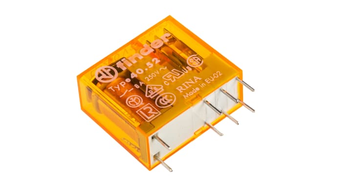 Finder 40.52.8.230.0000, relè DPDT 230V, montaggio su PCB, corrente 8A, dimensioni 29mm x 12.4mm x 25mm.