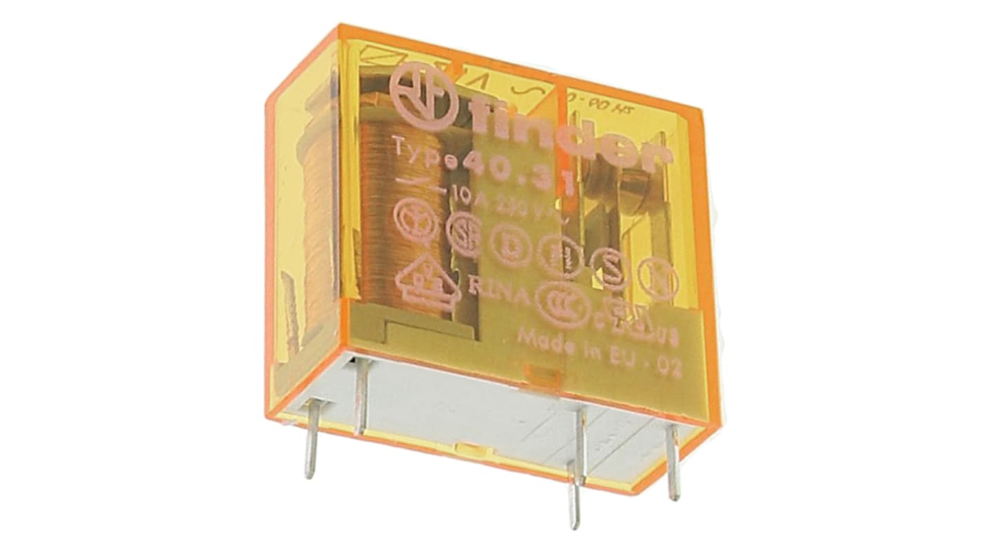 Relè di potenza Finder 40.31.8.024.0000 SPDT, montaggio su PCB, 24V, 10A, dimensioni 29x25x12.4 mm, isolamento 6kV.