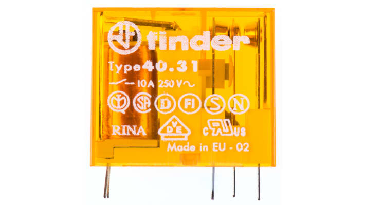 Relè di potenza Finder 40.31.8.110.0000, SPDT, montaggio su PCB, 10A, 400V, dimensioni 25x29x12,4 mm, isolamento 6 kV.