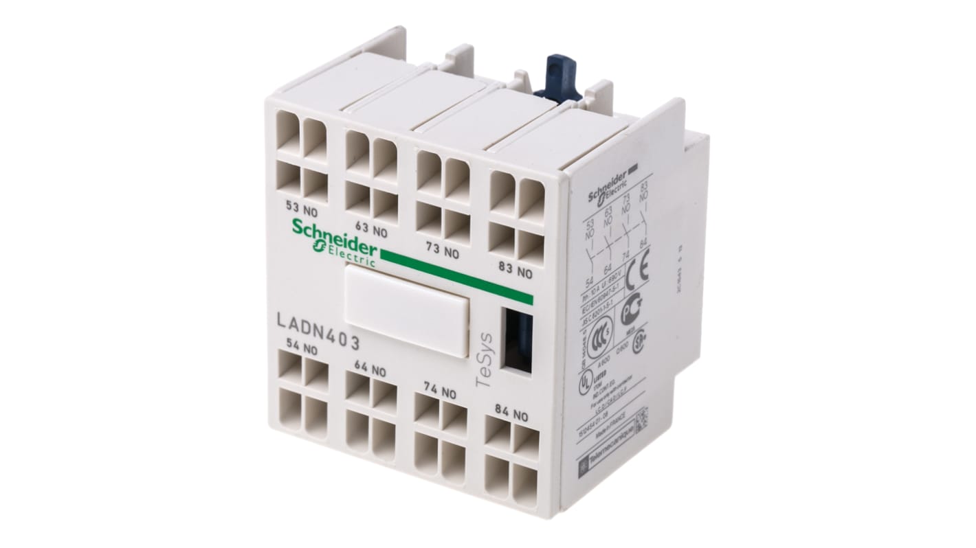 Blocco di contatti ausiliari Schneider Electric LADN403, 4 contatti N/A, montaggio a innesto, corrente 10 A, tensione 690 V c.a.