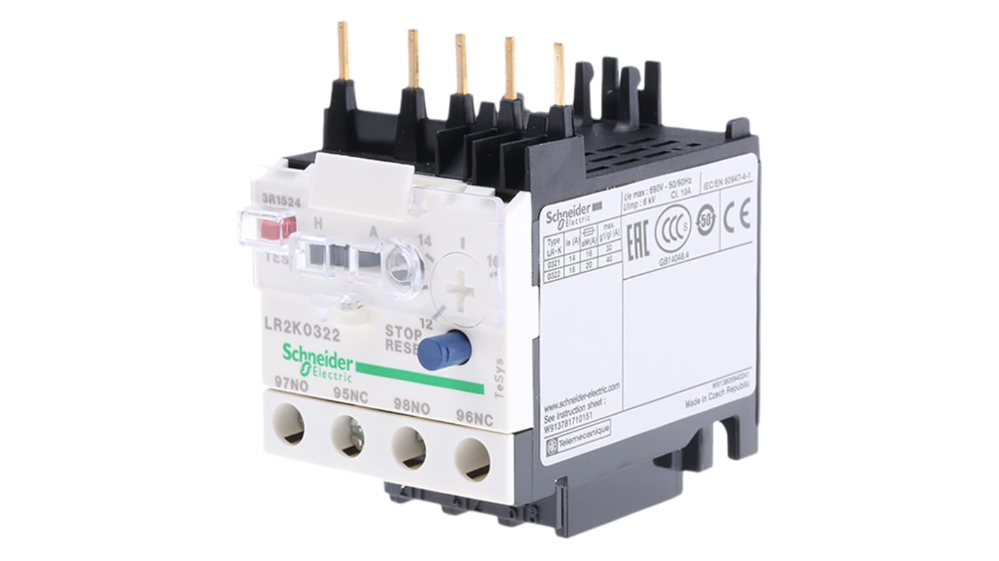 Relè di sovraccarico termico Schneider Electric LR2K0322, 1 NO + 1 NC, corrente nominale 16 A, montaggio diretto, dimensioni 45x58x65 mm.