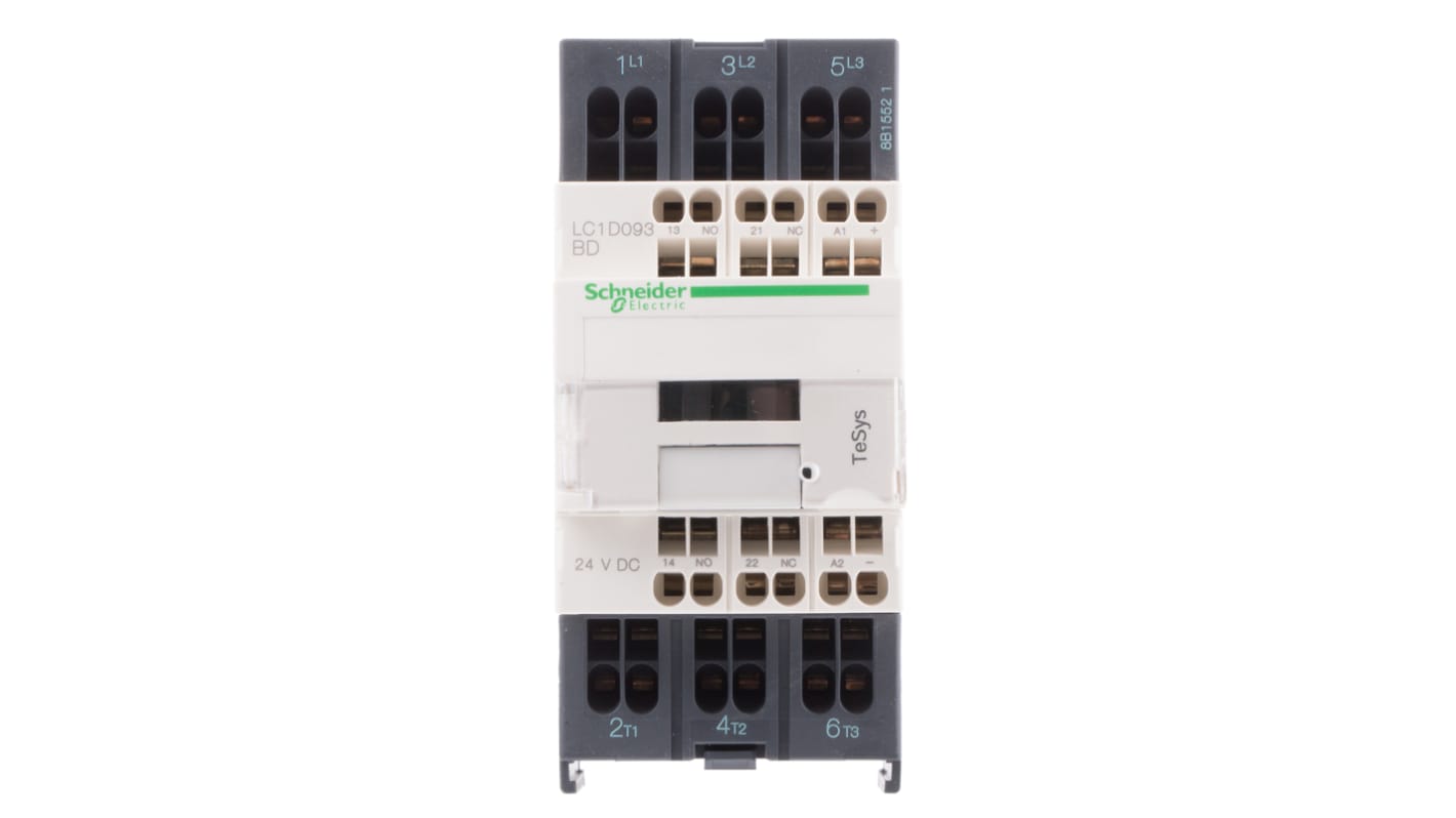 Contattore Schneider Electric LC1D093BD, 3 poli, 16 A, 4 kW, bobina 24 V c.c. per carichi resistivi e controllo motori. Alta affidabilità e qualità.